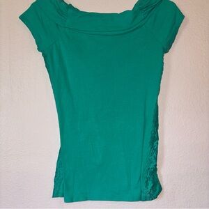 Bozzolo Green Lace Accent Short Sleeve Off the Shoulder Top, Cap Sleeves